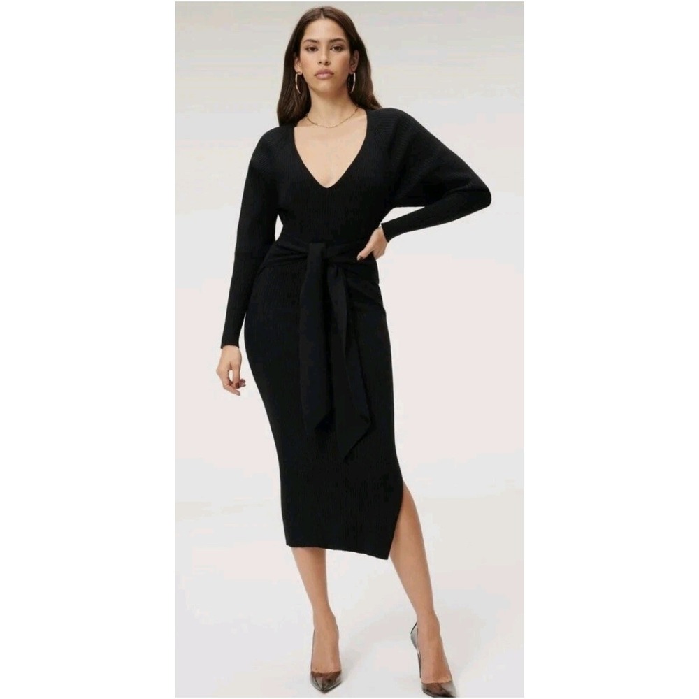 Good American 4X/5X Black Ribbed Knit V-Neck Dolman Sleeve Tie Waist Midi Dress